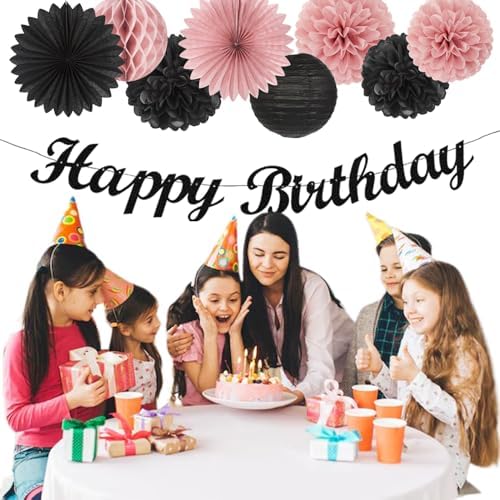 Blush-Pink Black Happy-Birthday Banner Party-Decorations - 31pcs 14th 40th Rose Gold Women Girls Paper Lanterns Streamers,Tissue Paper Flowers Pom Poms Fans Tassel Garland Sign Decor Backdrop Hugmoon - Image 6