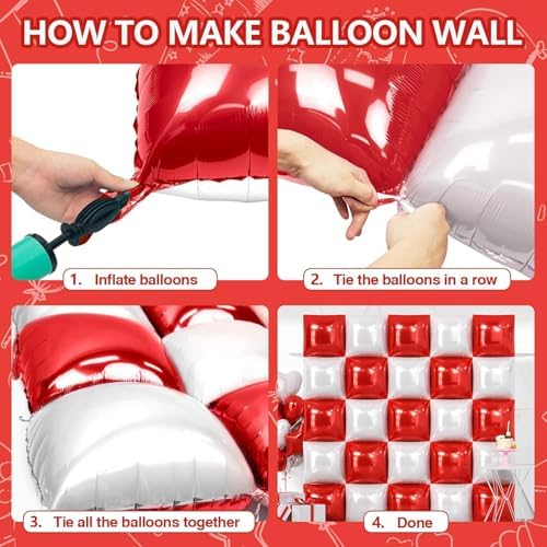 NISOCY 25PCS Red and White Square Foil Balloons Wall Backdrop - Image 5