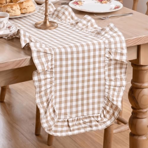 Artoid Mode Brown Farmhouse Plaid Gingham Ruffle Table Runner, Seasonal Scalloped Fall Kitchen Dining Table Decoration for Home Party Decor 13x120 Inch by ArtoidMode
