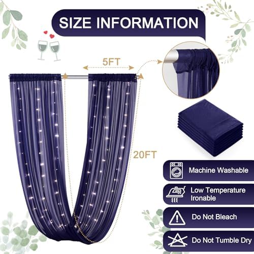Navy Blue Ceiling Drapes with Lights String for Weddings, 6 Panels 5ftx20ft Sheer Tulle Backdrop Photo Background Drapes for Wedding Ceremony Birthday Party Arch Decoration - Image 4