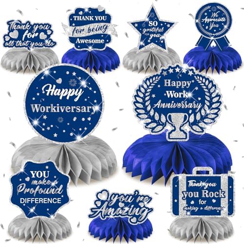 9Pcs Happy Work Anniversary Decorations Navy Blue Silver Happy Workiversary Table Honeycomb Centerpieces Office Anniversary Party Table Topper Decor for Employee Worker Appreciation Supplies by LUUFILx