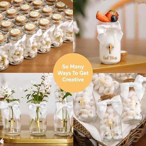 Ethisa Vintage 12 Pack Baptism Glass Bottles with Ribbons and Stickers - Classy God Bless Party Favors for Baptism and 1st Communion - Bautizo Table Centerpiece Decoration - Baby Christening Candy Jar - Image 4