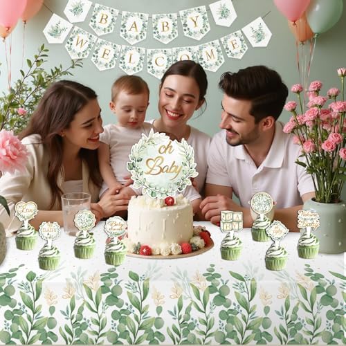 OUNIY Sage Green 172pcs Gender Neutral Baby Shower Decorations - Boho Greenery Party Supplies with Oh Baby Backdrop, Tablecloth, Balloons, BABY Box, Welcome Banner - Image 7