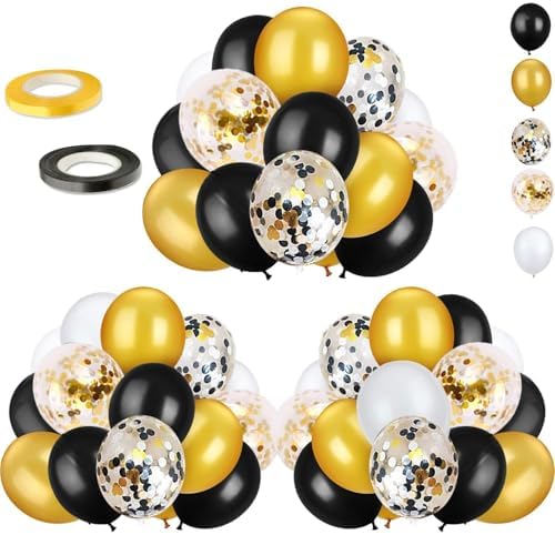 72 Pack Black Gold Confetti Balloons Kit, 12 Inch Black Gold White Balloons and Gold Confetti Balloons with Balloon Ribbons for Graduation Birthday Wedding Baby Shower Party Decorations by OuMuaMua