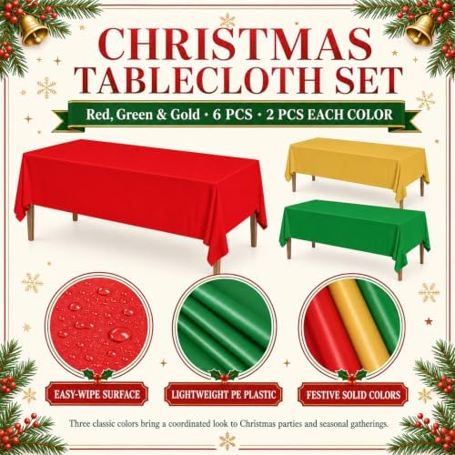 6 Pcs Christmas Plastic Tablecloths, Red Green Gold - Image 3
