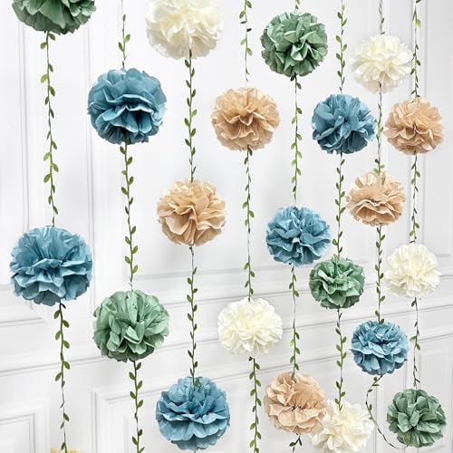 Sage Green Dusty Blue Khaki Beige Tissue Paper Flowers Pom Pom with Leaf Ribbon Hanging Garland Streamer for Birthday Wedding Shower Engagement Silly Goose Themed Party Decorations Supplies - Image 4