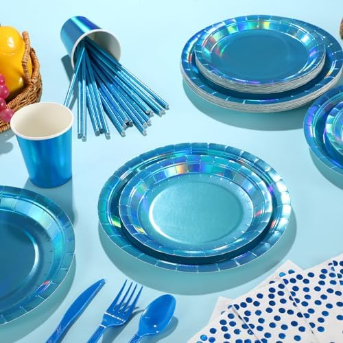 Iridescent Blue Party Supplies Decorations Serve 25, Holographic Blue Paper Plates and Napkins, Disposable Iridescent Party Plates Cups Napkins for Wedding Anniversary Birthday Bridal Shower Party - Image 4