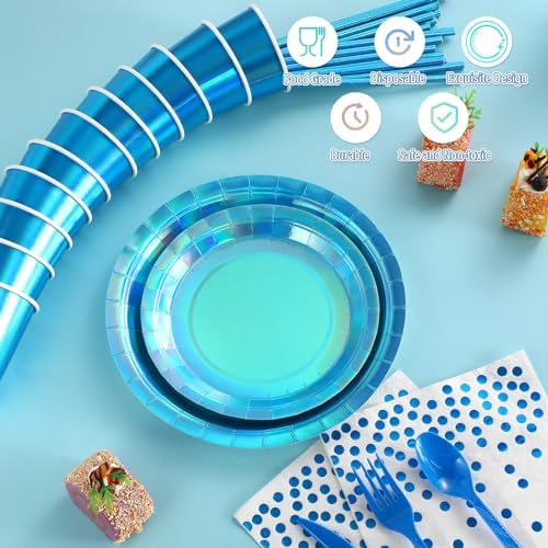 Iridescent Blue Party Supplies Decorations Serve 25, Holographic Blue Paper Plates and Napkins, Disposable Iridescent Party Plates Cups Napkins for Wedding Anniversary Birthday Bridal Shower Party - Image 3