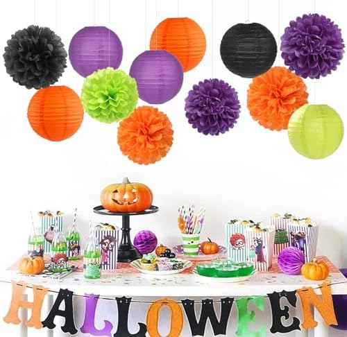 Black-Orange Purple Green Halloween Party-Decorations - 15PCS Paper Flowers Lanterns Tissue Pom Poms Streamers,Vintage Birthday Baby Shower Bachelorette Wedding Bathroom Hanging Supplies Decor Hugfond - Image 3