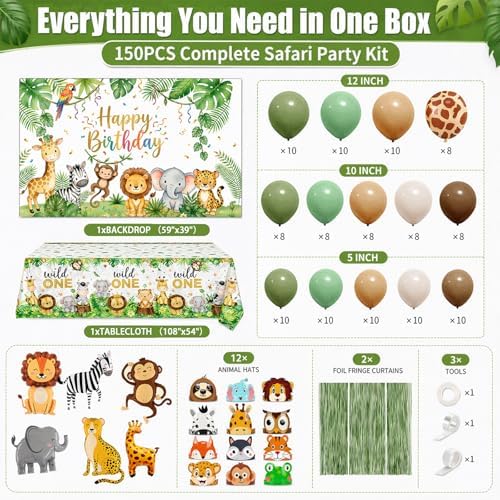 150Pcs Safari Birthday Decorations for Boys, Wild One Party Kit - Image 2