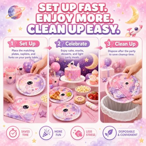 Outer Space Birthday Party Supplies for Girls, 96 Pcs Astronaut Disposable Tableware Set with 9 Inch and 7 Inch Paper Plates, Napkins and Forks, Pink Galaxy Decorations for 24 Guests Baby Shower - Image 7