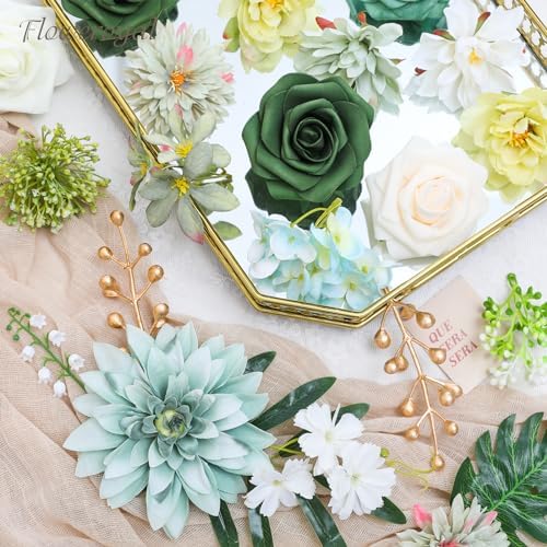 Floweroyal Artificial Flowers Combo Green Flowers Mix Silk Flowers Dahlia Roses with Stems for DIY Wedding Bridal Bouquets, Baby Shower, Floral Arrangement, Table Centerpieces, Home Decorations. - Image 6