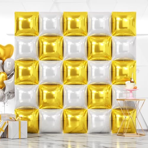 NISOCY 25PCS Gold and White Square Foil Balloons Wall Backdrop by NISOCY