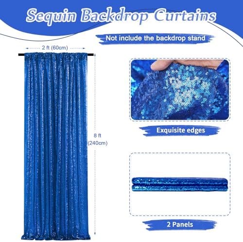 Royal Blue Sequin Backdrop Curtains,2 Panels 2FTx8FT Blue Curtain Backdrop Glitter Party Decorations Background Drapes for Wedding Birthday Anniversary Graduation Photo Booth Decor - Image 2