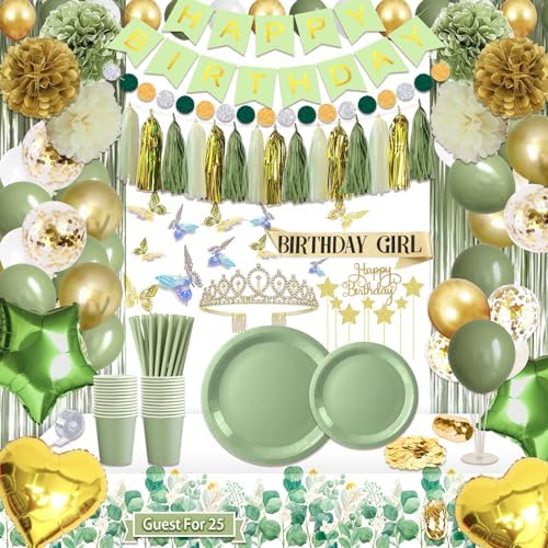 Guudmua 222 Pcs Sage Green Happy Birthday Decorations, Birthday Decorations for Women or Girl Kit- Disposable Dinnerware Set with 25 Guest, Balloons, Sash, Tiara, Banner, Paper Pom Poms by Guudmua