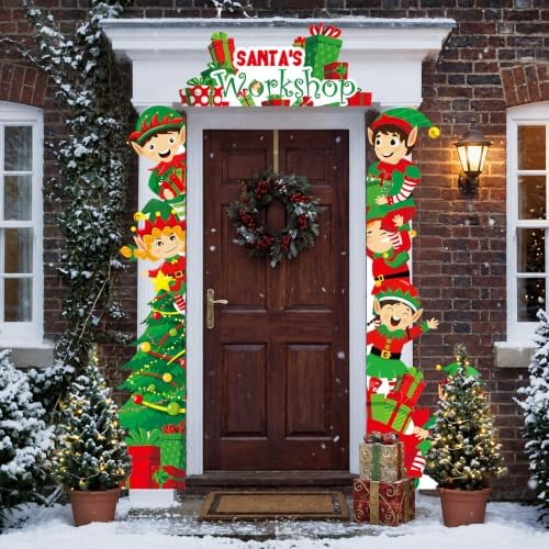 Peryiter 3 Pcs Christmas Door Decorations Santa's Workshop Elf Porch Banner - Image 4