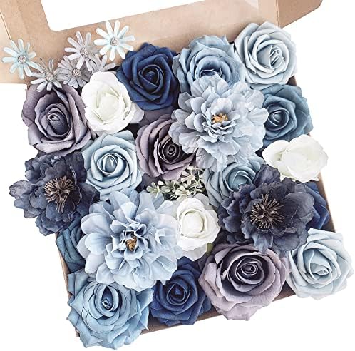 FACINOC Roses Artificial Flowers Dusty Blue Bouquet Fake Flower with Stem by FACINOC