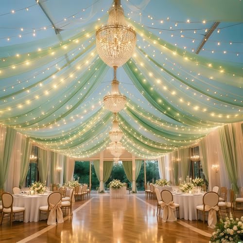 6 Panels Green Ceiling Curtains with Lights for Weddings - 5ftx20ft Wrinkle-Free Tulle Fabric Wedding Arch Draping Ceiling Drapes Decorations for Wedding Party Ceremony Stage Tent Event - Image 7