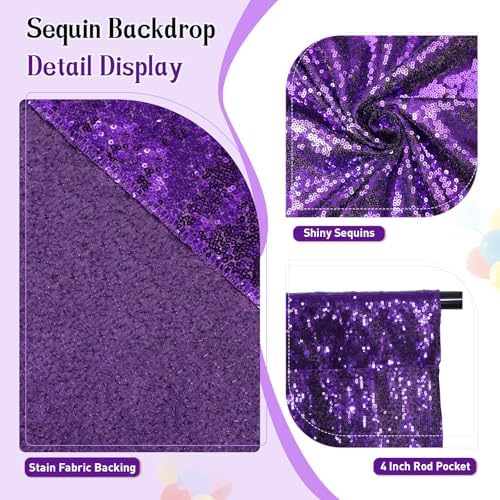 SquarePie 8x10ft Purple Sequin Backdrop, High Density Non-Transparent Glitter Curtain for Photography, Birthday, Wedding Party Decorations, Thick Solid Background with 4" Rod Pocket, 1 Panel - Image 2