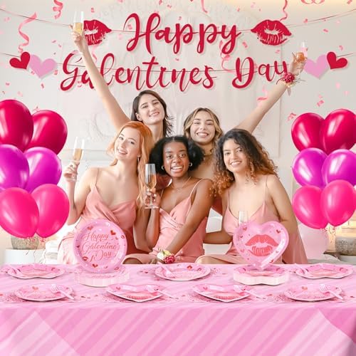 109PCS Happy Galentine's Day Party Supplies,Pink Love Heart Disposable Paper Plates Napkins Cups Forks Dinnerware for 24 Guest,Banner Balloons for Valentines Anniversary Wedding Engagement - Image 7