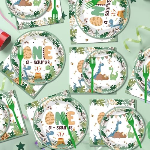 96Pcs One A Saurus Dinosaur 1st Birthday Plates and Napkins Boho Dino First Party Decorations Dinosaur First Dessert Plates Cartoon Jungle Dino 1st Tableware for 24 Guests Kids Birthday Party Supplies - Image 5