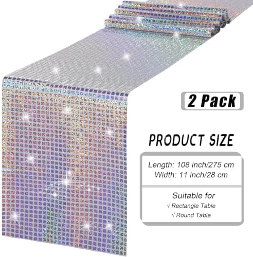 durony 2 Pack Mirror Disco Party Table Runner, 11 x 108 Inch, Silver Laser - Image 2