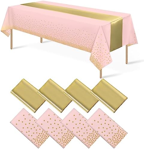 8Pack Disposable Plastic Tablecloths and Satin Table Runner Set Pink and Gold Dot Tablecloth Gold Satin Table Runner for Wedding Birthday Baby Shower Anniversary Christmas New Year Party Supplies by MASHAN