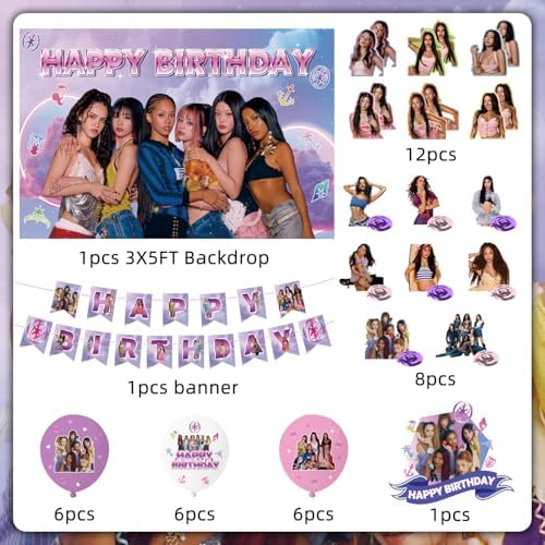 Birthday Party Decorations, Purple Pink Party Supplies Set with Happy Birthday Banner, Backdrop, Balloons, Hanging Swirls Cake Toppers and Cupcake Toppers for Fans Birthday Party - Image 3