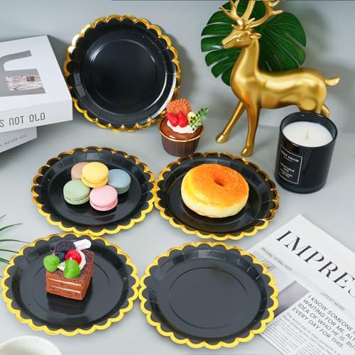 black & gold scalloped party plates with napkins and fork gold foil border, 24 Guest Black disposable Tableware Set Party Decoration for Birthday Coquette Bridal Baby Shower Valentines - Image 6