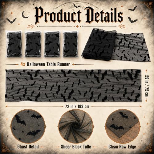 4Pcs Halloween Table Runner 29x72 in Black Mesh Bat Web Table Decor - Image 2