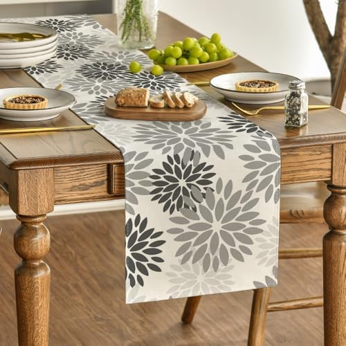 Artoid Mode Grey Floral Pinnata Dahlia Table Runner, Seasonal Kitchen Dining Table Decoration for Home Party Decor 13x90 Inch - Image 3