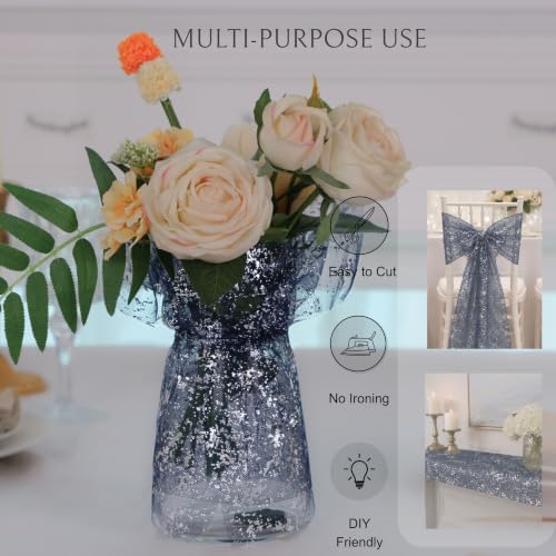 2 Pcs Navy Blue Silver Table Runner, Glitter Metallic Foil Mesh Roll 108" - Image 6