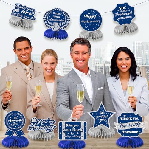 9Pcs Happy Work Anniversary Decorations Navy Blue Silver Happy Workiversary Table Honeycomb Centerpieces Office Anniversary Party Table Topper Decor for Employee Worker Appreciation Supplies - Image 3