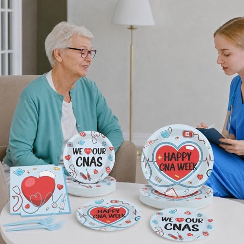 CHUNNIN 96Pcs Happy CNA Week Plates and Napkins Nurse Appreciation Week Party Decorations We Love Our CNAS Dessert Plates Nurse Tableware for 24 Guests CNA Appreciation Week Party Supplies - Image 6