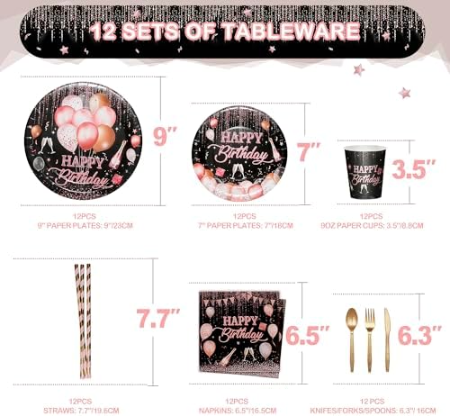 Black Pink Birthday Decorations For Women ,Rose Gold and Black Party Decorations Kit,Happy Birthday Supplies Set-Tableware Pack, Balloon Pump, Banner, Fringe Curtain For 12 Guest - Image 4