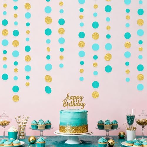 Teal Gold Party Polka Dot Garland Banner Aqua Turquoise Glitter Gold Hanging Paper Circle Dots Streamer for Birthday Wedding Shower Engagement Bridal Shower Retirement Party Decorations Supplies - Image 5
