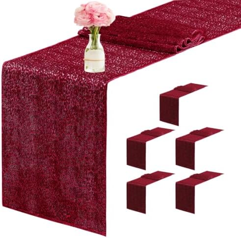 6 Packs 12 x 72 inches Sequin Table Runner, Burgundy Glitter Table Runner for Birthday Party Supplies Wedding Engagement Baby Shower Holiday Celebration Event Decorations by Yblut