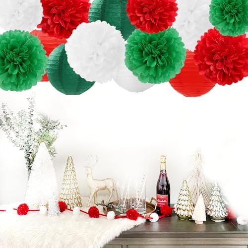 Red-Green White Party-Decorations Christmas Flowers Lanterns - 15PCS Italian Mexican Independence Day Paper Tissue Pom Poms Streamers,Mexico Italy Birthday Baby Shower Wedding Hanging Decor Hugfond - Image 6