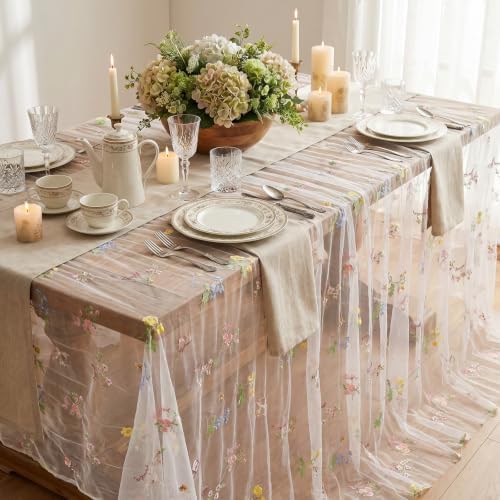 Beige White Floral Gauze Table Runner 10ft Embroidery Tulle Spring Decor - Image 3