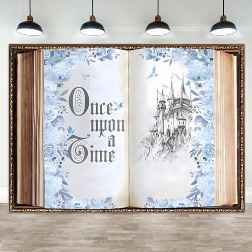20x10ft Once Upon a Time Backdrop Fairy Tale Storybook Open Book Castle Photography Background for Princess Wedding Birthday Party Baby Shower Photo Booth Props Blue Flower Rose Vintage Decor by ASDCXZ