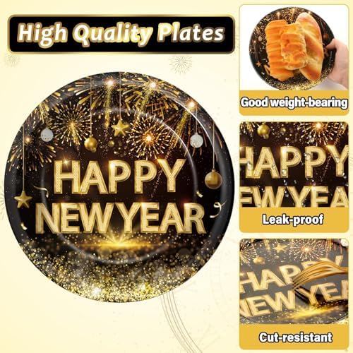 Qyeahkj 200 Pcs Happy New Years Plates and Napkins Party Supplies Black and Gold 2026 New Year's Eve Disposable Tableware Set with Paper Plates Napkins for NYE Party Celebration Decoration Serves 50 - Image 4