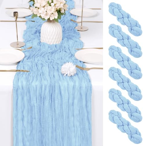 6 Pack Baby Blue Cheesecloth Table Runner 17x108 Inch Semi Sheer Boho Gauze Cheese Cloth Fabric Table Runners Table Decor for Wedding Party Baby Shower Birthday Home Decor Garden Farmhouse by Unknown