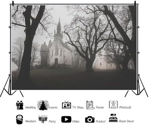 Halloween Gothic Church Backdrop Foggy Cemetery Dark Trees Haunted Chapel Horror Scary Movies Photography Background for Halloween Party Photo Booth Studio Props 8x6ft - Image 6