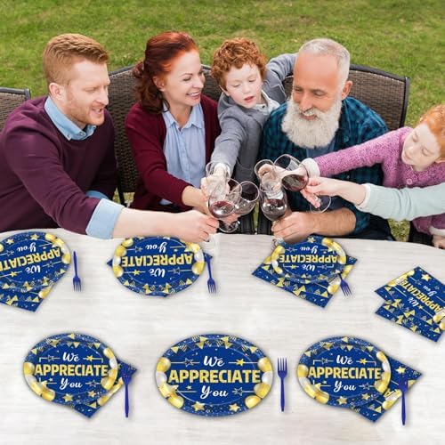 96Pcs We Appreciate You Party Plates and Napkins for Employee Staff Appreciation Blue Gold Supplies Work Anniversary Themed Plate Thank You Tableware Set for Teacher 24 Guests Party Decorations - Image 5