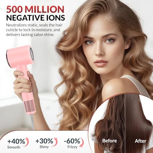 High Speed Ionic Hair Dryer with Diffuser – 160,000 RPM Brushless Motor for Fast Drying, Lightweight Travel Blow Dryer with Concentrator Nozzle for Women Men, Pink - Image 3