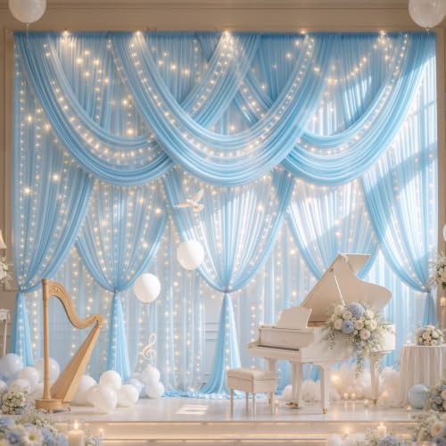 Wish Care 20x10FT Blue Wrinkle Free Backdrop Curtains with Lights String for Parties - Photo Curtain Backdrop with Lights for Wedding Decorations, Bridal Baby Shower Birthday Party Photography - Image 2