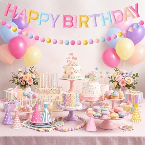 Kriyokiaa Pastel Rainbow Happy Birthday Banner Set with Party Hats - Image 5
