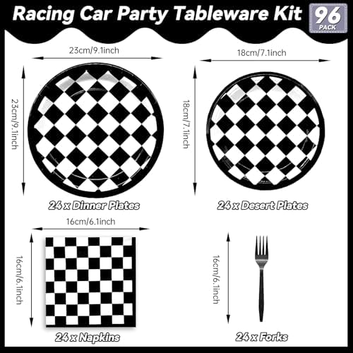 96 Pieces Racing Theme Party Supplies - Black and White Checkered Pattern Disposable Tableware with Paper Plates, Napkins, Forks for Race Car Dirt Bike Birthday Decorations, Sports Events Celebrations - Image 2