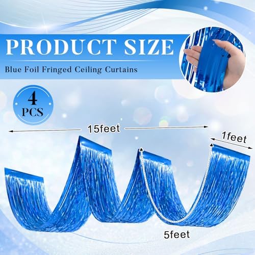 Breling 4 Pcs Blue Ceiling Fringe Curtains, Metallic Foil Drapes, 15 ft - Image 2