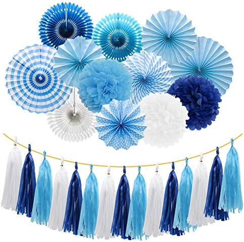 34 Pcs Blue Party Decorations, Paper Fans Pom Poms Tassel Garland 8-16 in by MEIDUO